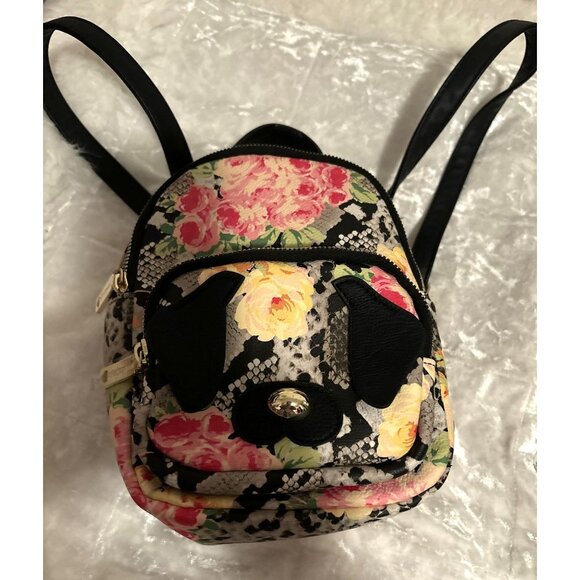 Betsey Johnson Black Dog Floral Snake Skin Print Mini Adjustable Backpack - Picture 2 of 6